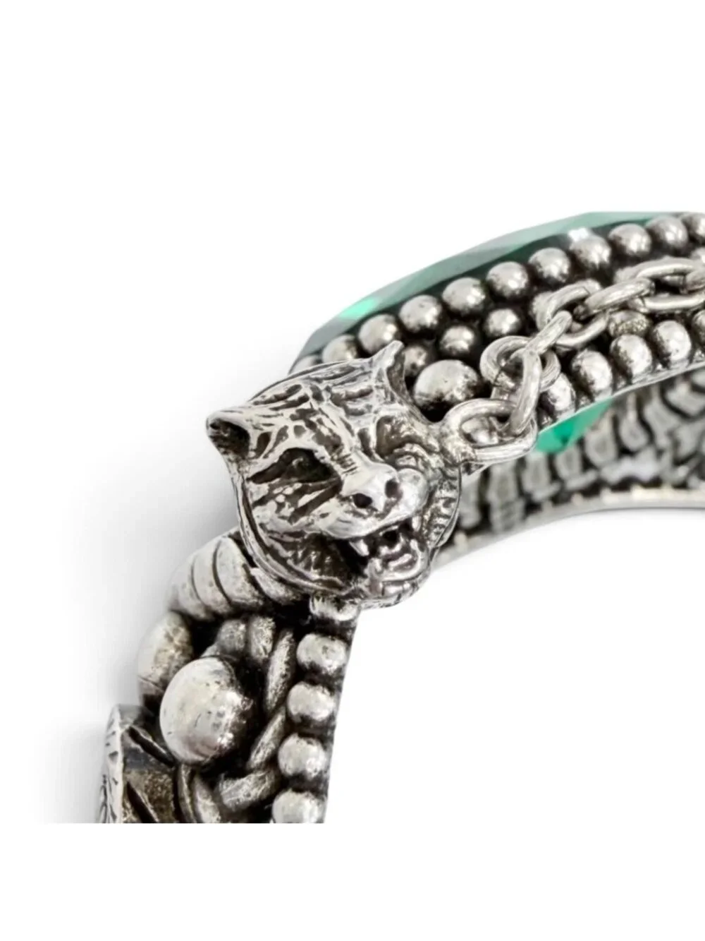 Gucci Interlocking G Flower Cat Head Green Color Stone Bangle Silver 16 Bracelet